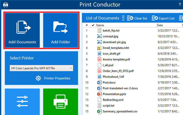 Import a list using Add documents and Add folder buttons