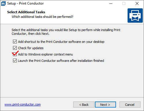 Turn on "Add to Windows explorer context menu" in Print Conductor