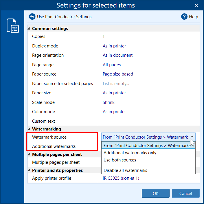 Applying watermarks to selected items only