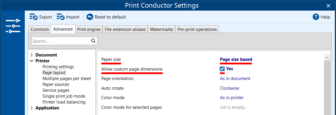 Allow custom page dimensions in Print Conductor