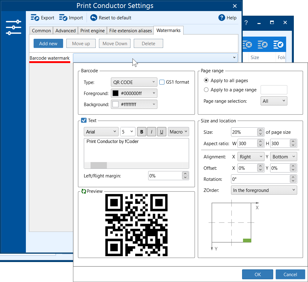 Add barcode (QR-code) to printed pages automatically 