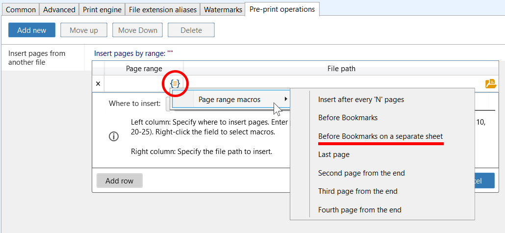 Pre-print operations window specifically configured for duplex printing, utilizing the Bookmarks duplex macro and the After specified pages insertion rule