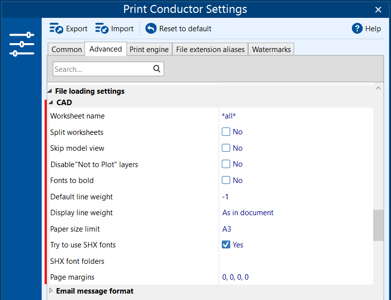 Advanced print settings for CAD drawings