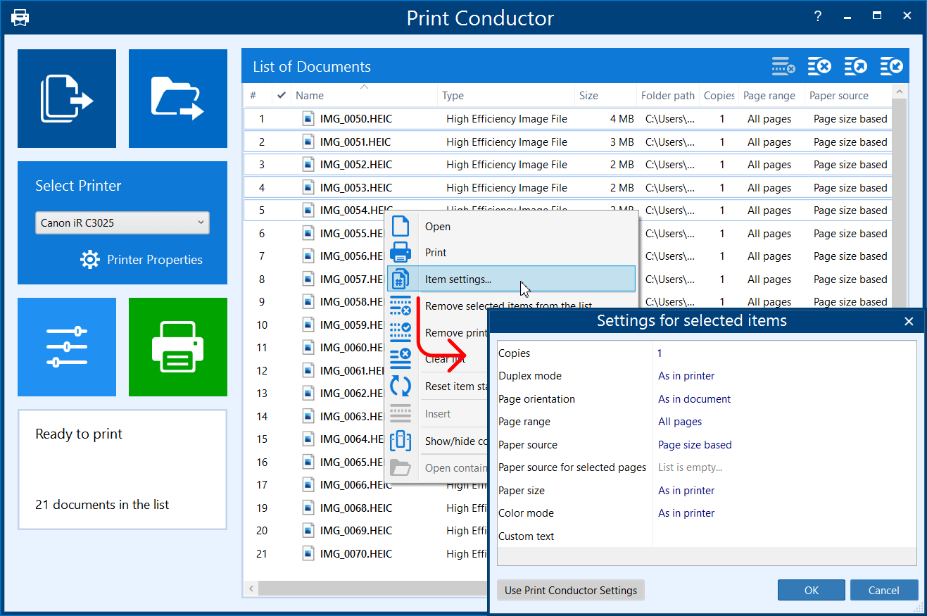 Changing print settings for HEIC files