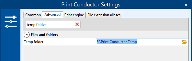 Change temporary files folder in Print Conductor