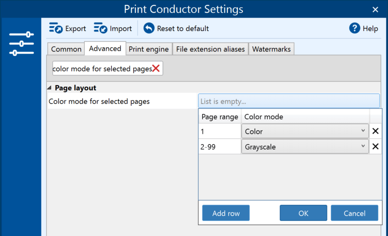 Color mode for page range in Print Conductor