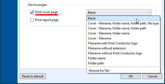 Select a template for cover page to be printed between documents