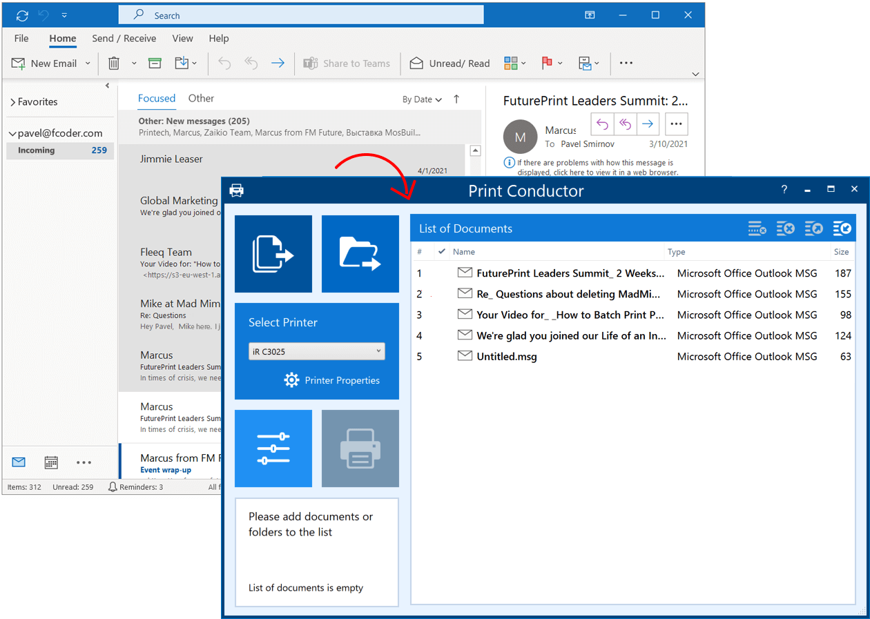 Add email messages to Print Conductor directly from Microsoft Outlook