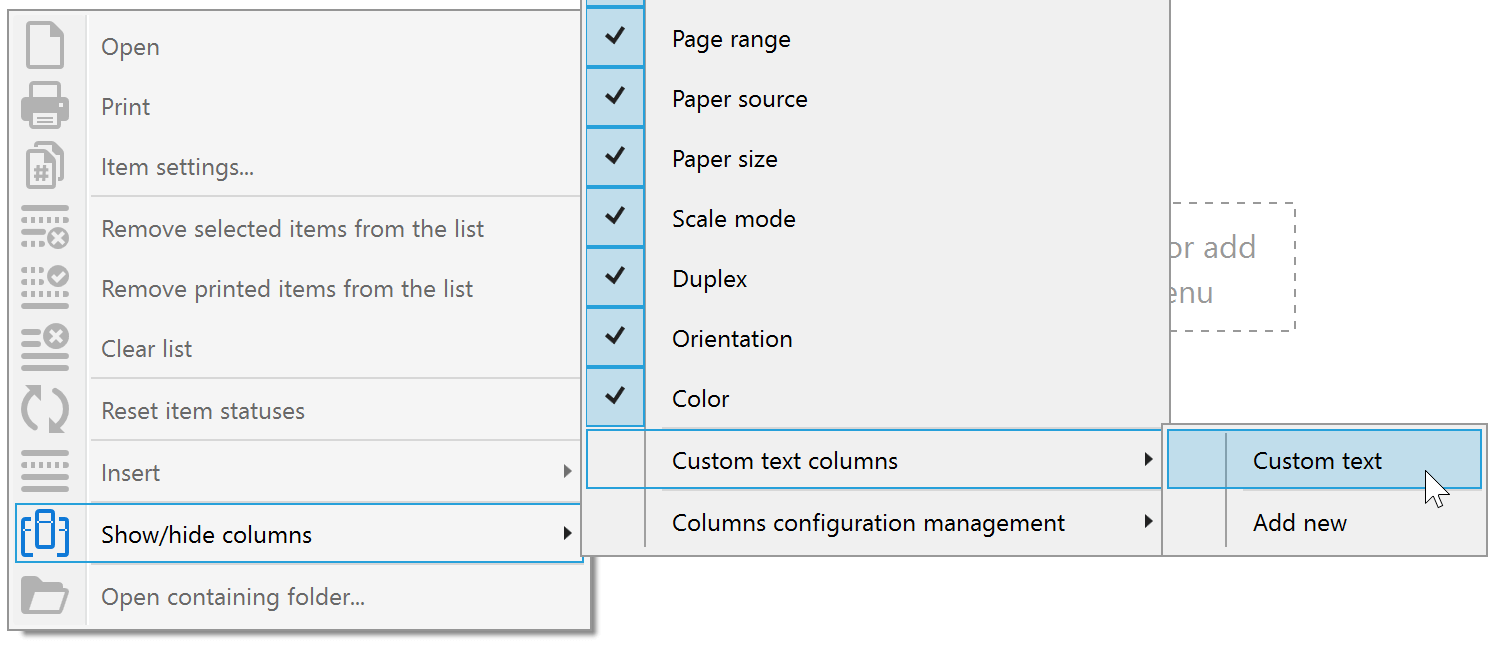 How to show Custom text columns in Print Conductor
