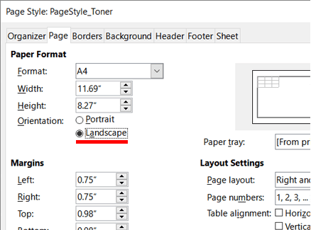 Set page orientation in LibreOffice Calc