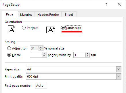 Set page orientation in Excel