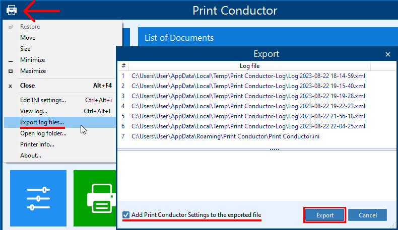 How to export a ZIP file with recent log files and Print Conductor Settings (.ini)