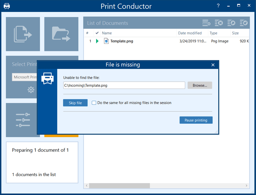 "File is missing" dialog window in Print Conductor
