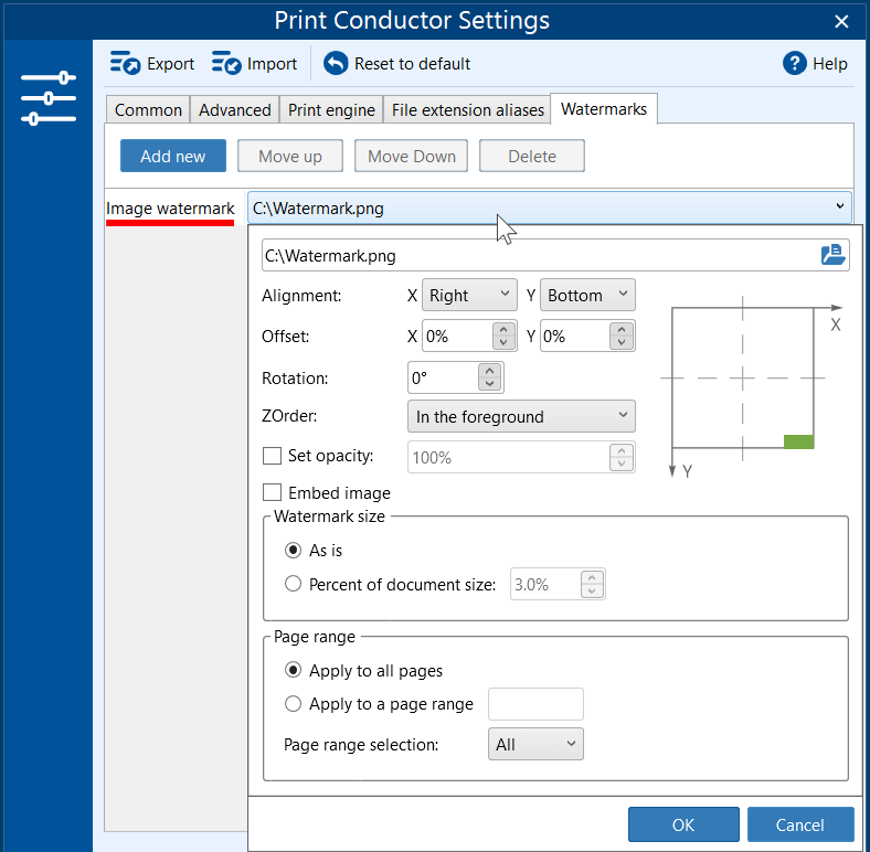 Insert image watermark when printing automatically