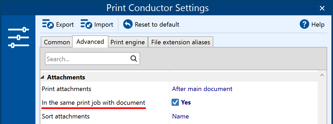 Print attachments in the same print job with document