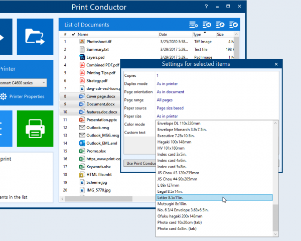 Individual settings for selected files when printing in batch mode