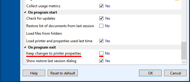 Keep changes to printer properties on program exit