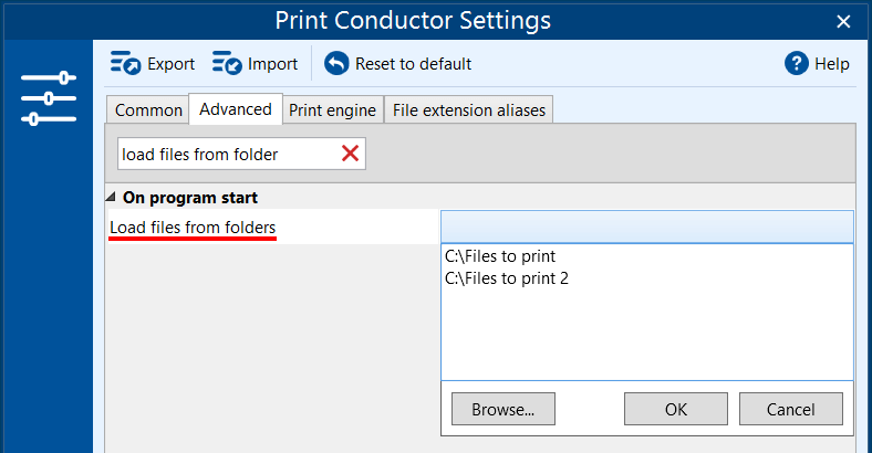 Import files from selected folders at Print Conductor start
