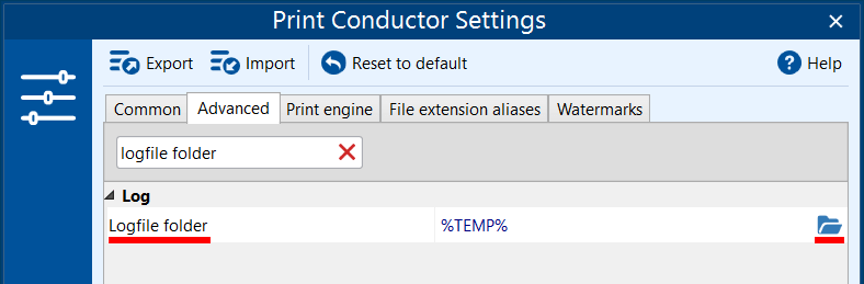 Change log files location in Print Conductor