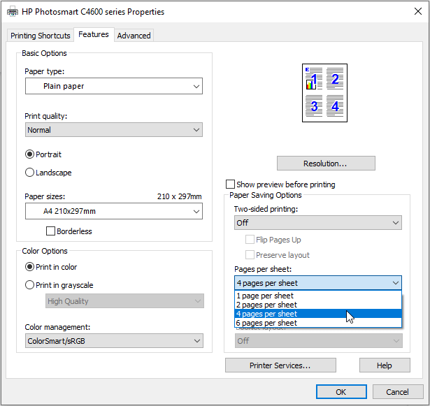Printing multiple pages per sheet