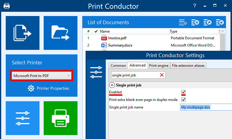 Print to PDF via Single print job mode and virtual printer