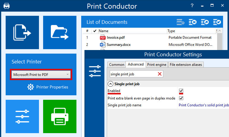 Print to PDF via Single print job mode and virtual printer