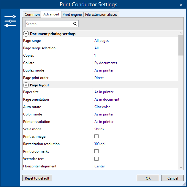 Advanced tab with printing settings