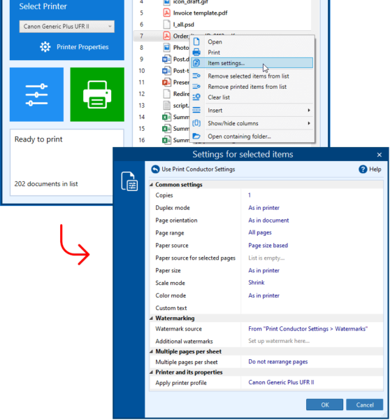 Individual print settings for each file