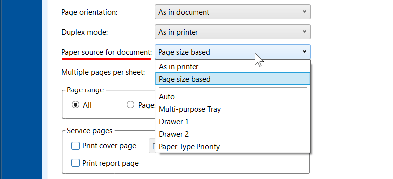 Select paper source for different page ranges
