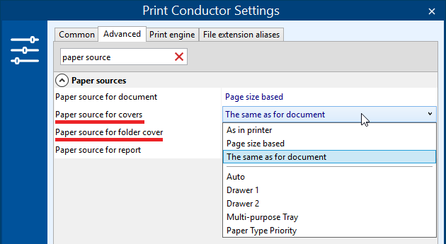 Select paper source for cover pages