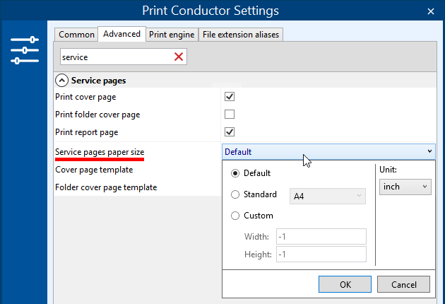 Set paper size for service pages