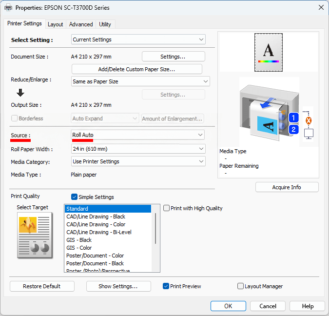 Printer driver settings showing paper source set to “Roll Auto”