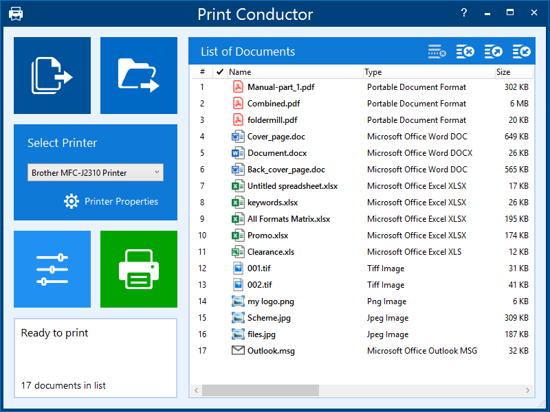 Print Conductor is a batch printing software. It prints multiple PDF files, plain texts, Microsoft Office and OpenOffice documents, RTF, HTML, MHT, XML files, AutoCAD, Solidworks, Visio and Inventor drawings, PSD, JPG, TIFF and PNG images in 3 clicks