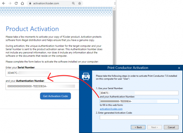 Enter the Serial Number and Authentication Number in the webform