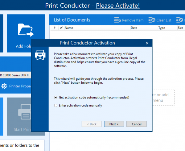 Print Conductor activation wizard