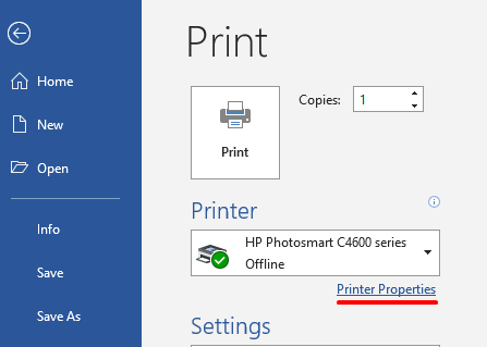 Printer Properties in Microsoft Word