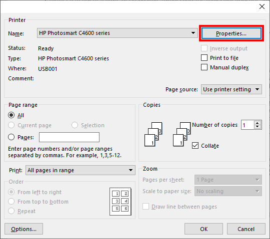 Open printer properties to print PDF in black and white