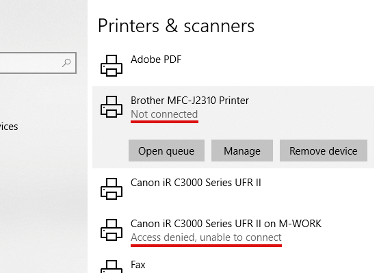 "Access denied" and "Not connected" printer statuses