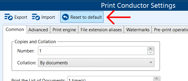 Reset Print Conductor settings to default