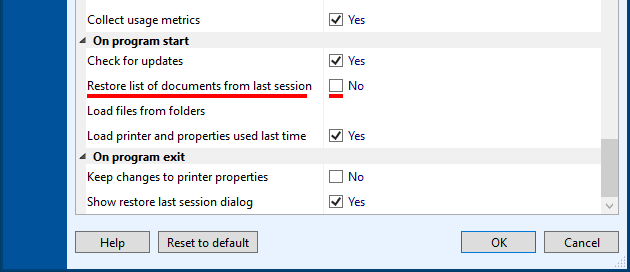 Restoring the last printing session in Print Conductor