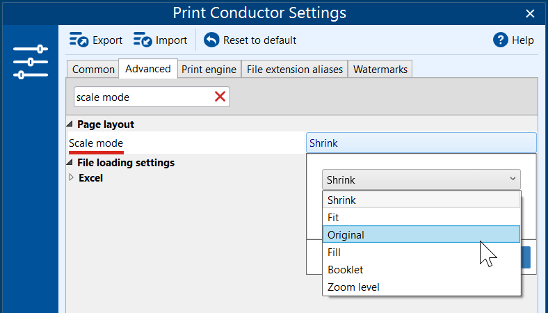 Set scale mode for printing