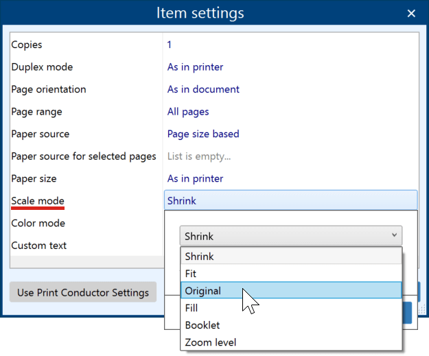 Set Scale mode for each file in the List of Documents