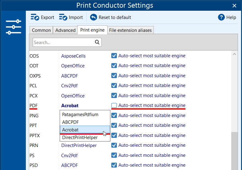 Select Acrobat PDF engine