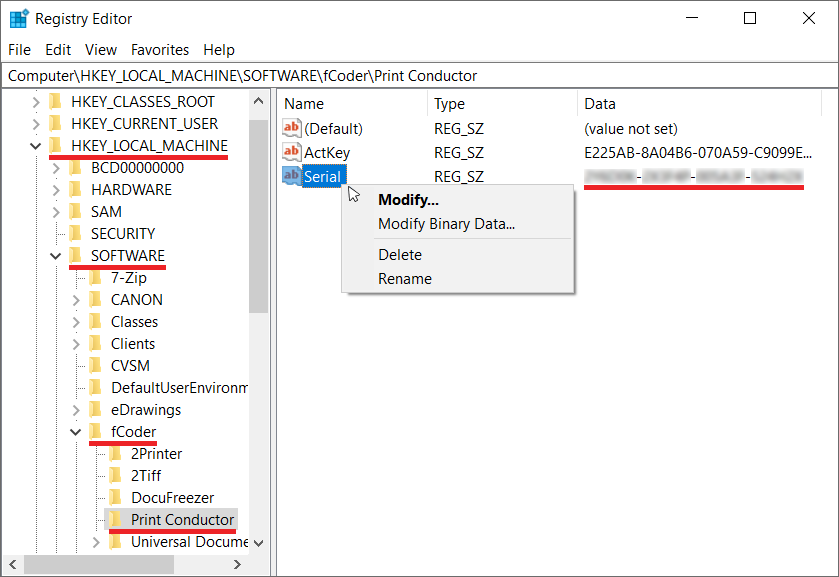 Print Conductor Serial Number in Windows Registry