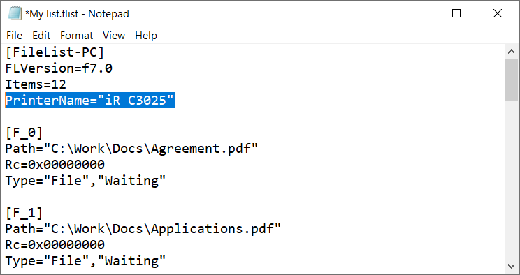 Set printer name in the list of imported files (FLIST file)