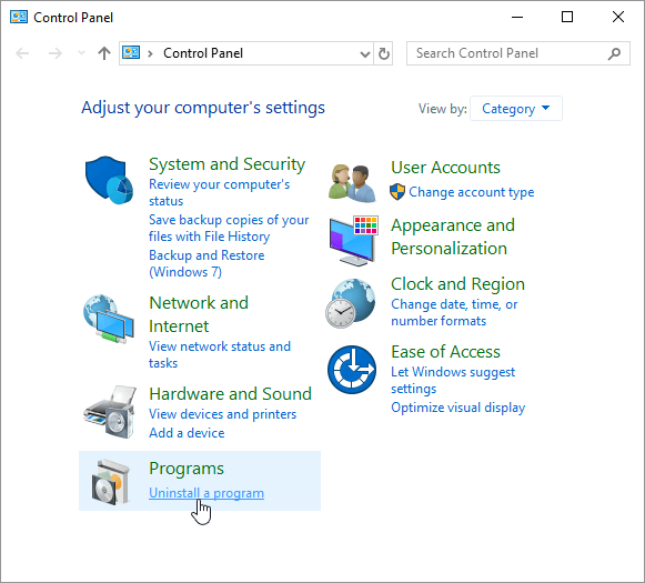 Uninstall a program from Control Panel