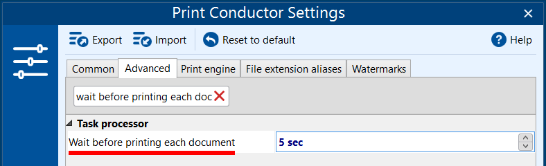 Wait before printing each document option in Print Conductor